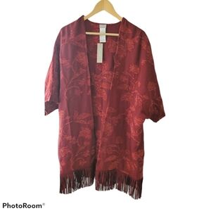 Chico's Chenille Floral Jaquard Burgundy Ruana